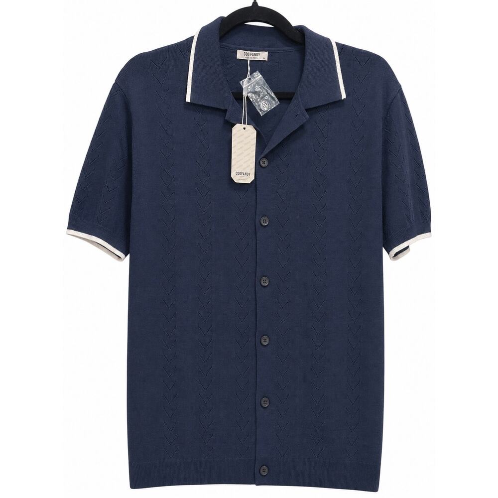 COOFANDY Men’s Navy Knit Button Down Polo Shirt - Size M - NWT